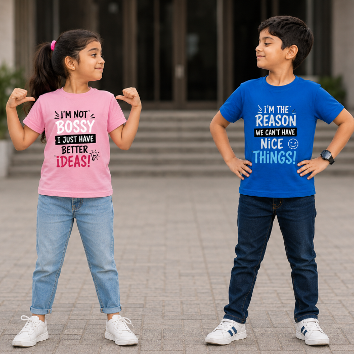 Two children modeling matching graphic T-shirts in an outdoor paved setting. The girl wears a pink shirt and the boy wears a blue shirt, both with white text that reads, 'I'M NOT TONY I JUST HAVE BETTER IDEAS!'.