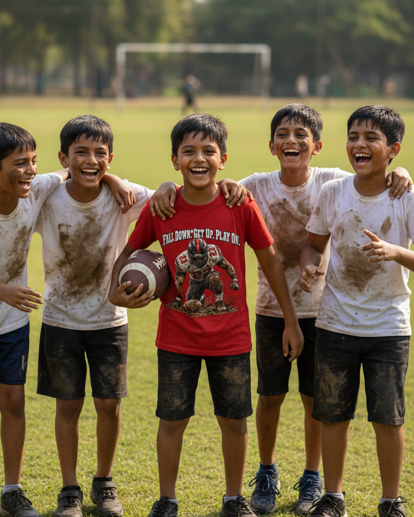 A red short-sleeve t-shirt with a graphic of a muddy football player and the text 'FALL DOWN GET UP PLAY ON' printed on the front, shown against a light gray background.