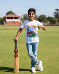 A white short-sleeve t-shirt with a colorful graphic print on the front that reads 'EAT. SLEEP, CRICKET, REPEAT.
