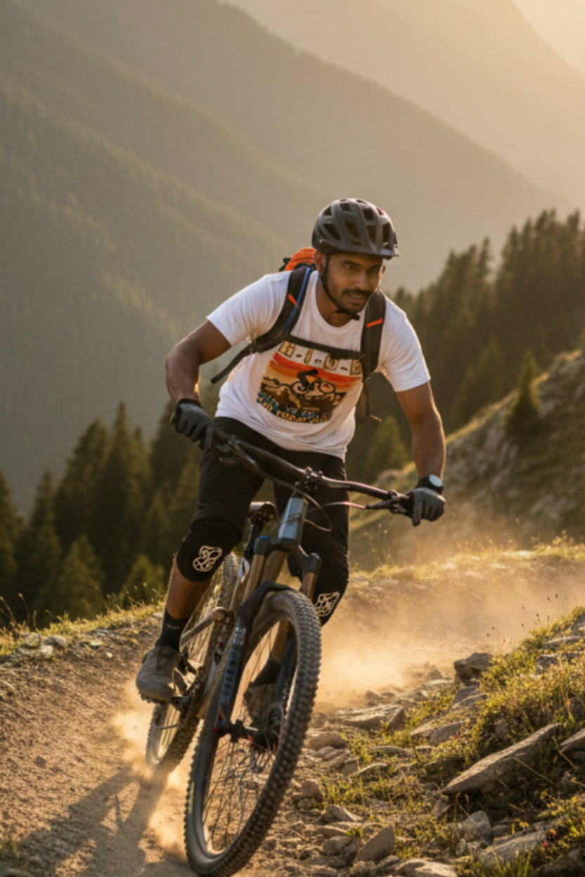 A mountain biker wearing a white graphic t-shirt and black shorts rides a full-suspension bike down a dusty dirt trail in a mountain landscape at golden hour.