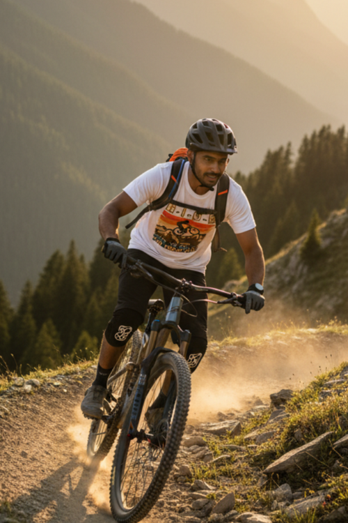 A mountain biker wearing a white graphic t-shirt and black shorts rides a full-suspension bike down a dusty dirt trail in a mountain landscape at golden hour.