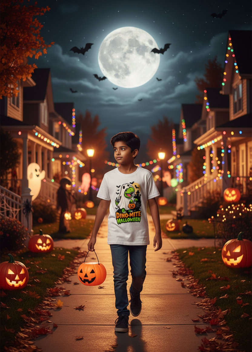 A young boy walks down a Halloween-decorated neighborhood street at night, carrying an orange pumpkin bucket. He wears a white graphic T-shirt with a green monster design and the words 'Duck, Duck, Halloween'.