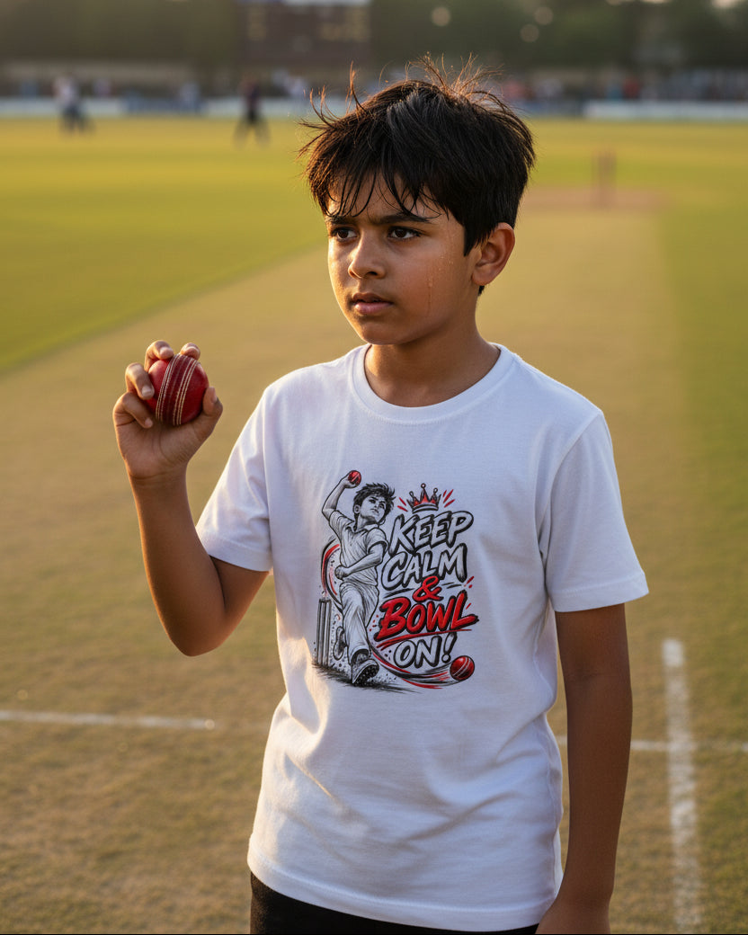 A white short-sleeve crewneck t-shirt featuring a graphic print of a cricket player bowling, with the text 'KEEP CALM & BOWL ON!' in black and red lettering.