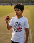 A white short-sleeve crewneck t-shirt featuring a graphic print of a cricket player bowling, with the text 'KEEP CALM & BOWL ON!' in black and red lettering.