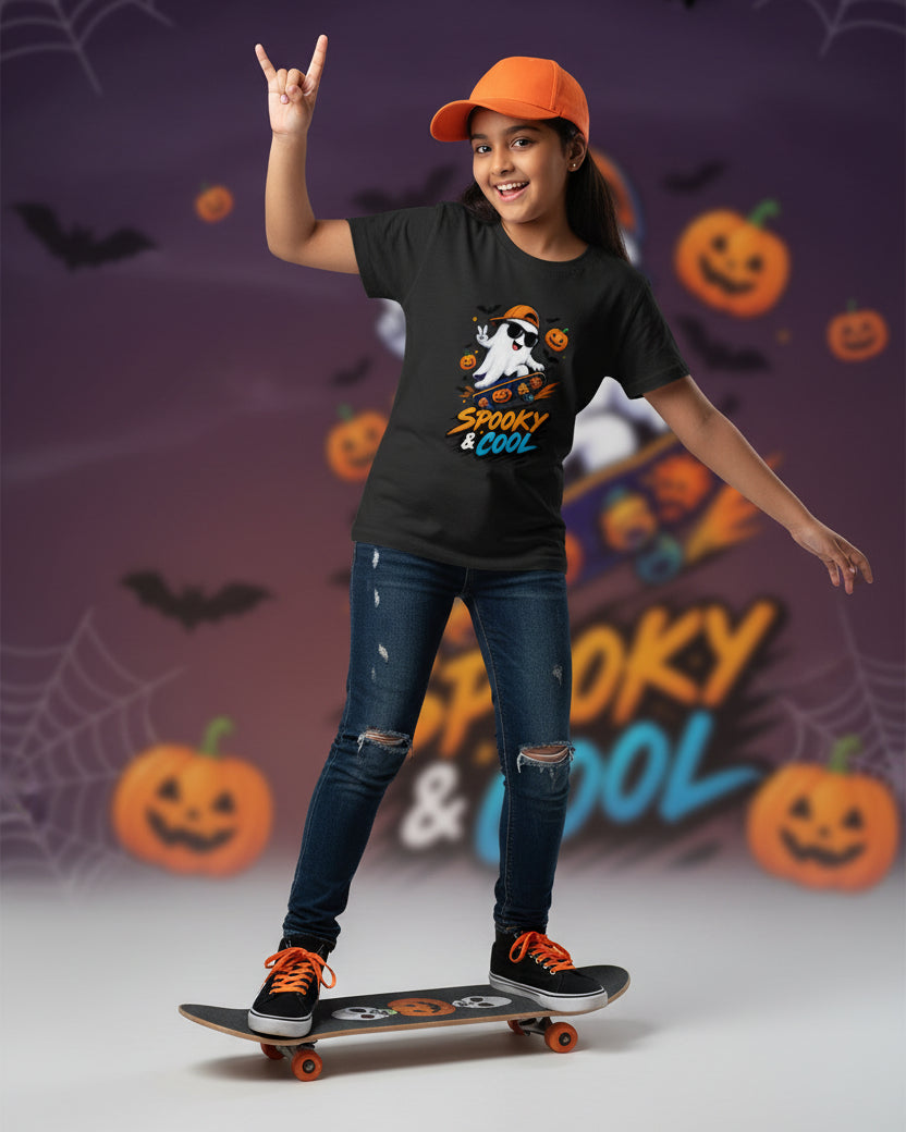 A black short-sleeve t-shirt with a colorful graphic on the chest featuring a cartoon ghost wearing an orange hat and sunglasses, surrounded by pumpkins, with the text 'Spooky & Cool' in orange and blue.