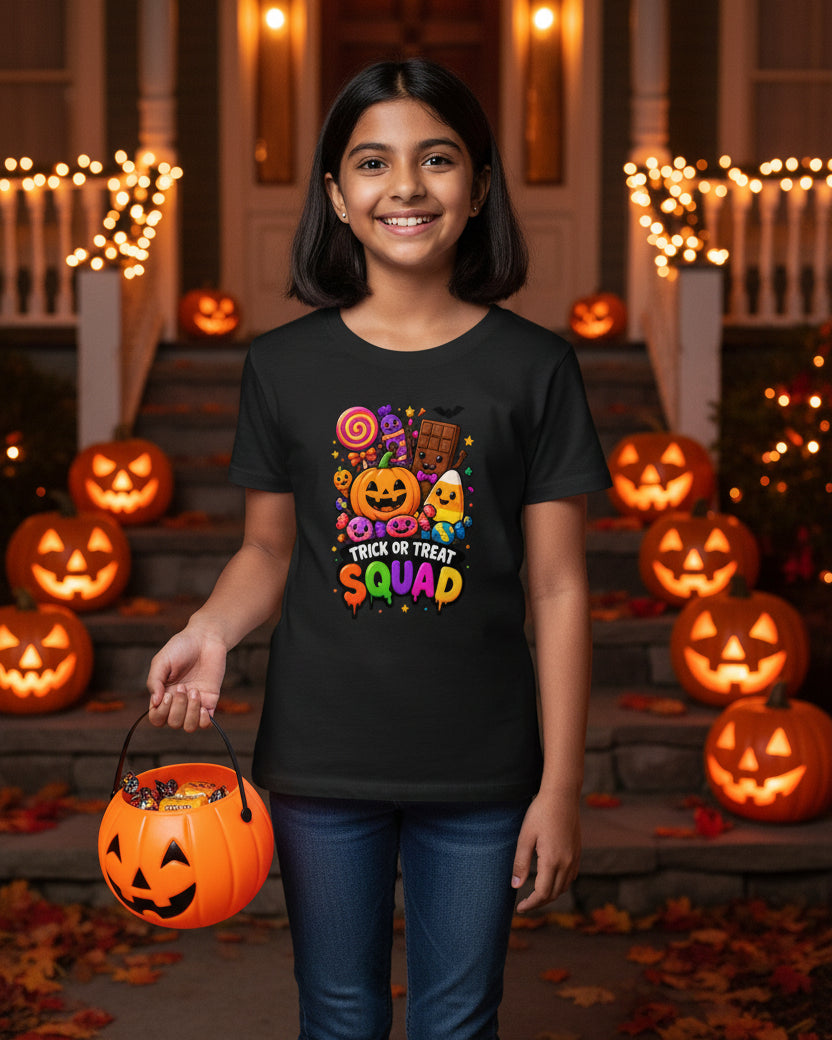 A black short-sleeve crewneck t-shirt featuring a colorful 'Trick or Treat Squad' Halloween graphic on the front, displayed against a light gray background.