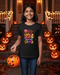 A black short-sleeve crewneck t-shirt featuring a colorful 'Trick or Treat Squad' Halloween graphic on the front, displayed against a light gray background.