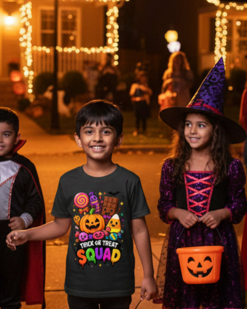 A black short-sleeve crewneck t-shirt featuring a colorful graphic of Halloween treats and characters with the text 'TRICK OR TREAT SQUAD' printed on the front, displayed against a light gray background.