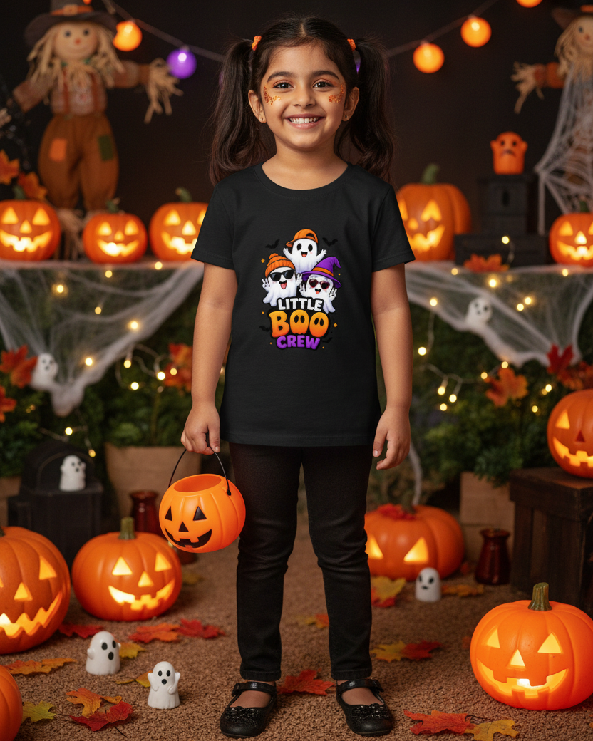 A young girl stands in a decorated Halloween scene wearing a black graphic T-shirt that says 'LITTLE BOO CREW' with cartoon ghosts and pumpkins, black pants, and black shoes. The background has glowing jack-o'-lanterns, string lights, cobwebs, and small ghost decoration.