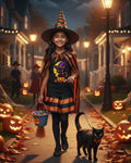 A black short-sleeve crewneck t-shirt featuring a cartoon graphic of a cute black cat dressed as a witch, wearing a purple hat and sitting on a jack-o'-lantern pumpkin in front of a yellow crescent moon.