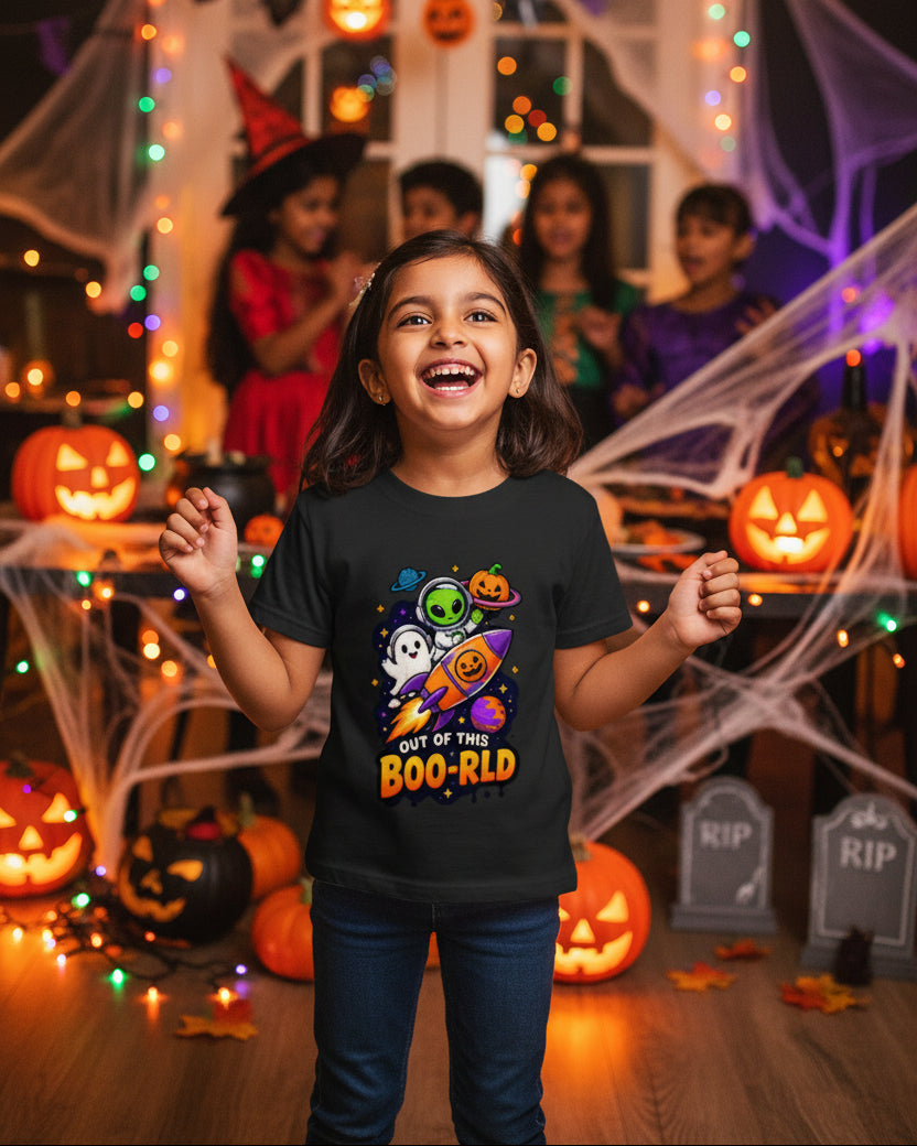 A black short-sleeve crewneck t-shirt featuring a colorful cartoon graphic of a rocket ship, ghosts, a pumpkin, and a green alien with the text 'OUT OF THIS BOO-RLD' printed on the front, set against a light gray background.