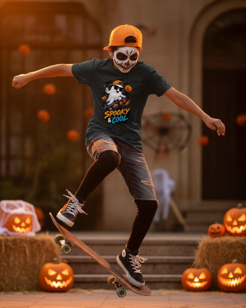 A black short-sleeve kids' t-shirt with a colorful graphic of a cartoon ghost riding a skateboard, surrounded by jack-o'-lanterns and the text 'Spooky & Cool' in orange and blue.