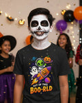 A black short-sleeve t-shirt with a colorful graphic on the front showing a green alien, a jack-o'-lantern, a ghost, and a rocket ship, with the text 'OUT OF THIS BOO-RLD' below it.
