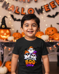 A black short-sleeve kids' t-shirt with a colorful graphic of three cartoon ghosts wearing orange and purple hats above the text 'LITTLE BOO CREW' in orange and purple, shown on a light gray background.