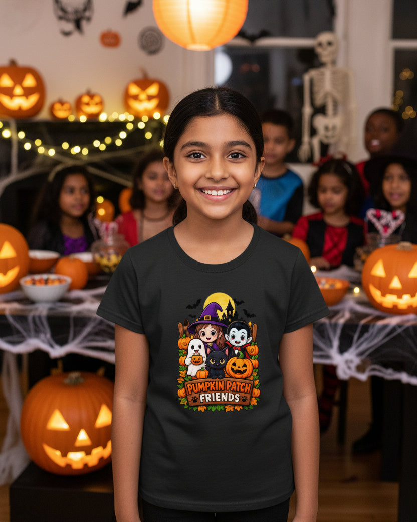 A black short-sleeve crewneck t-shirt featuring a colorful cartoon graphic of Halloween characters and pumpkins with the text 'PUMPKIN PATCH FRIENDS' on the front, displayed against a light gray background.