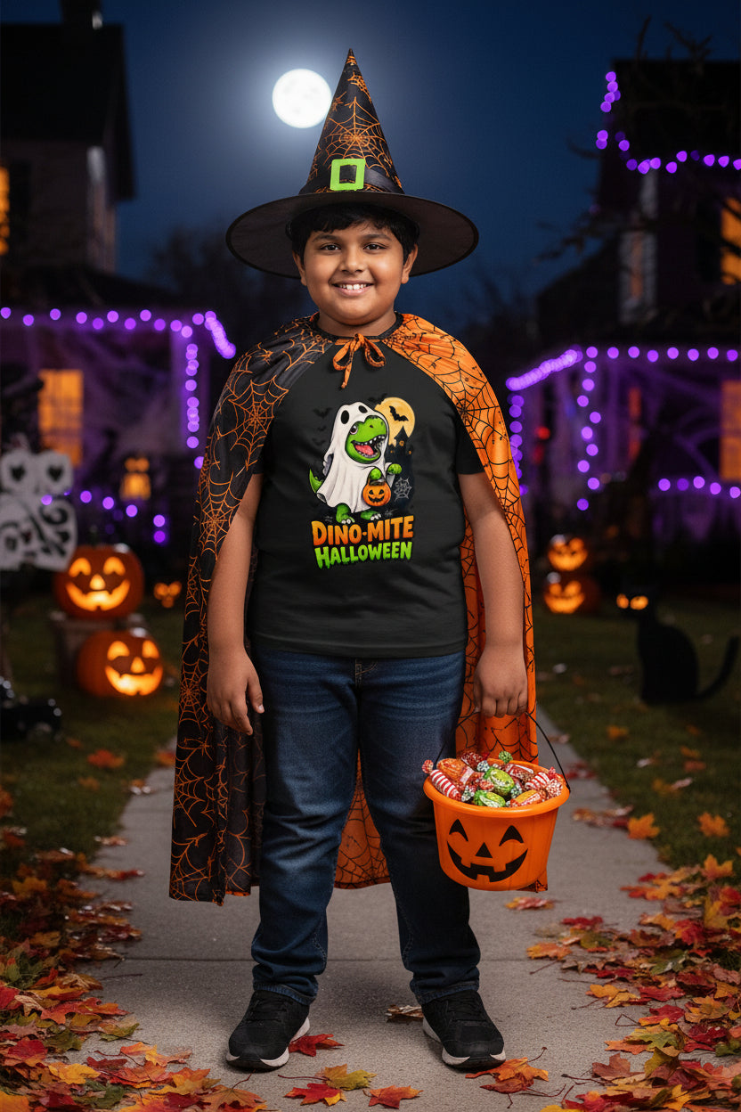 A black short-sleeve kids' t-shirt with a colorful graphic of a green dinosaur in a white ghost costume holding a jack-o'-lantern, with the text 'DINO-MITE HALLOWEEN' below it.