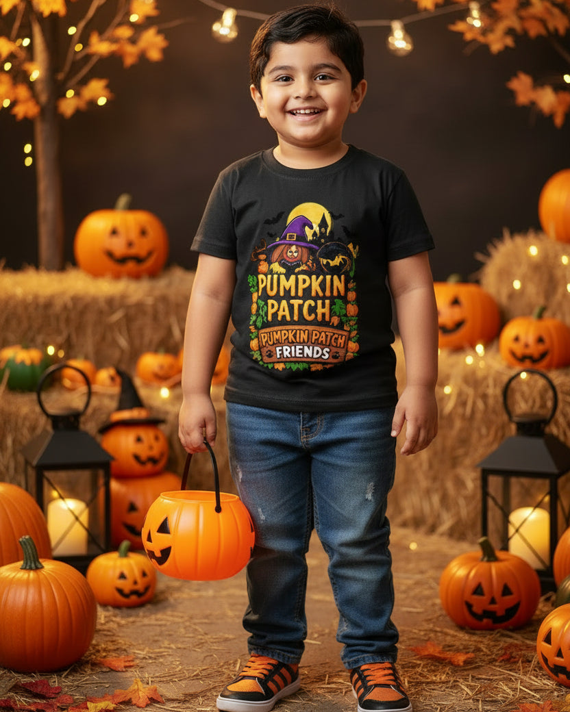 A black short-sleeve crewneck t-shirt featuring a colorful cartoon graphic of Halloween characters, including a witch, vampire, cat, ghost, and pumpkins, with the text 'Pumpkin Patch Friends' on the front.