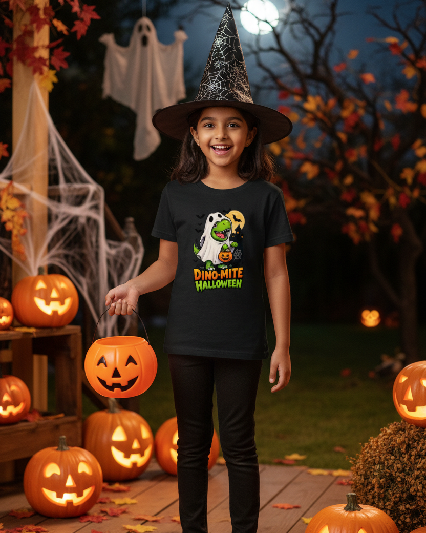 A young girl wearing a witch hat and black outfit stands on a decorated Halloween porch holding a jack-o'-lantern bucket. She is wearing a black graphic t-shirt that says 'DINO-MITE HALLOWEEN' with a cartoon dinosaur and ghost.
