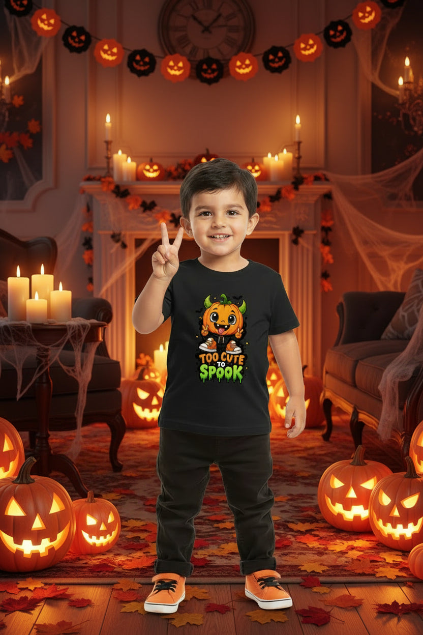 A black short-sleeve kids' t-shirt with a colorful graphic of a cute cartoon pumpkin character and the text 'TOO CUTE TO SPOOK' in orange and green.